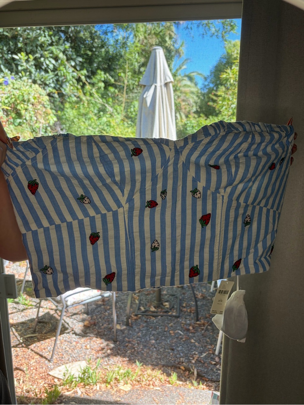 Maeve Blue & White Striped Strawberry Print Strapless Crop Top